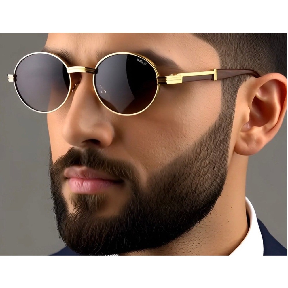 Gold Oval Sunglasses Brown Gradient Lenses Wood Temples Men's Fashion Eyewear